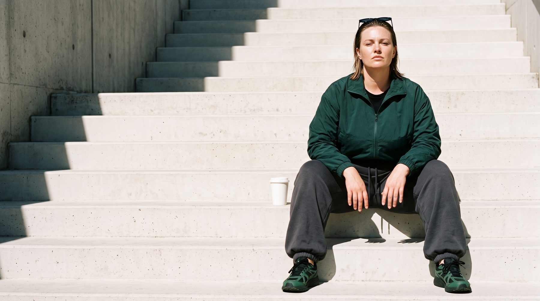 Green windbreaker and grey sweats