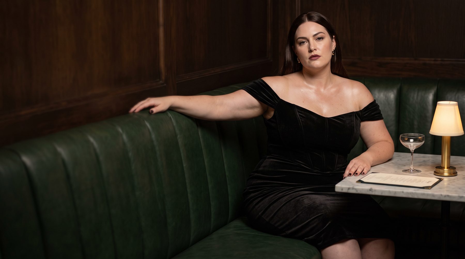 Black velvet off-shoulder evening dress