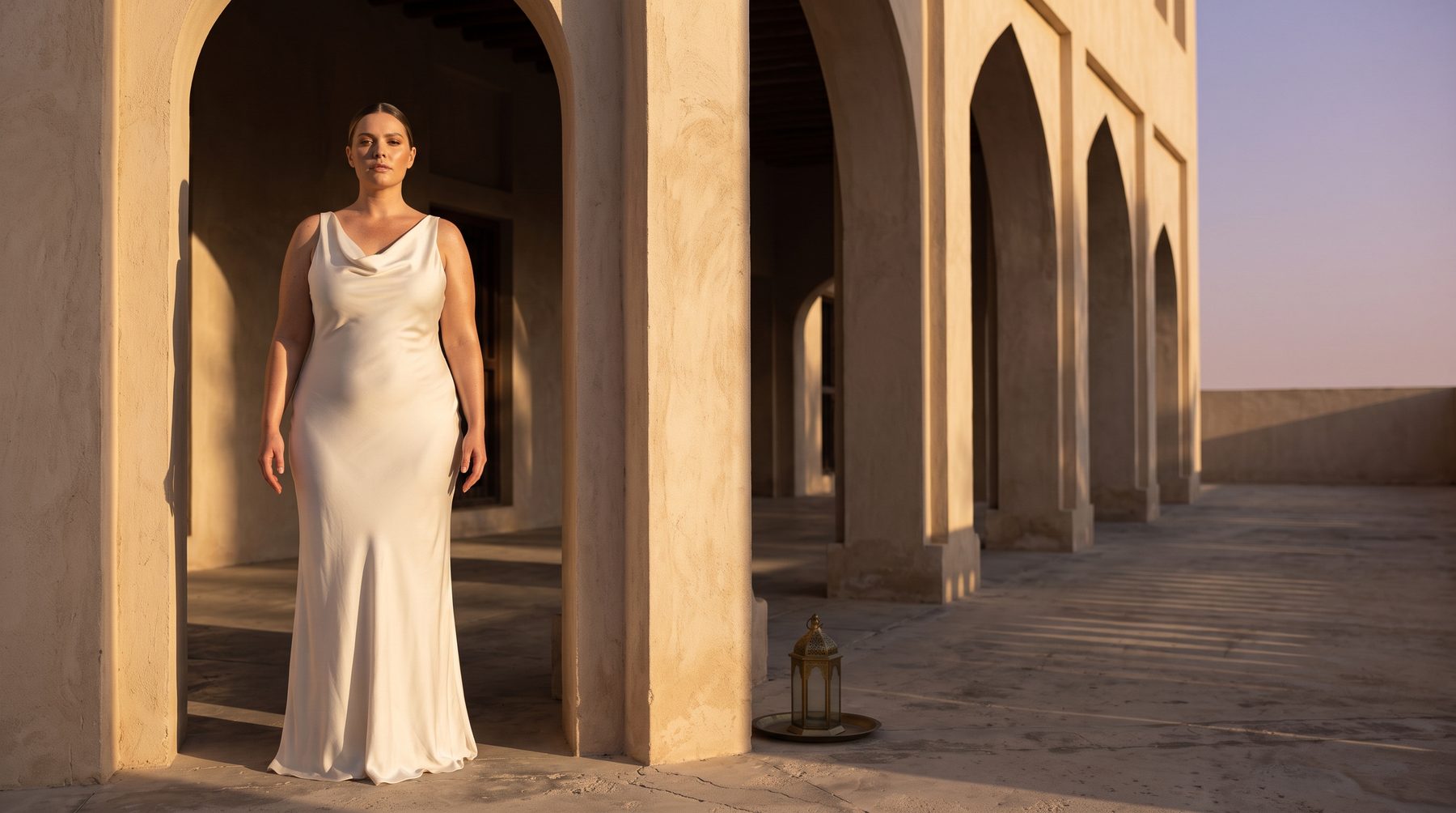 Woman in a white satin gown, golden hour