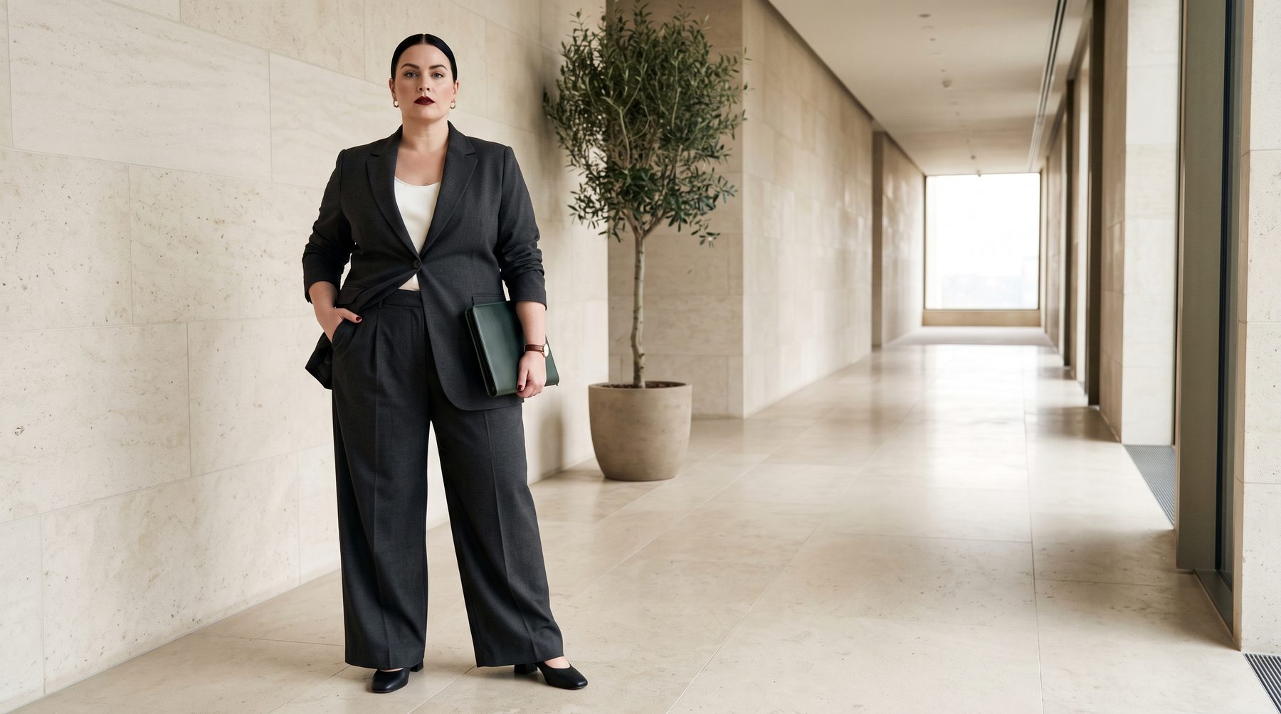 Grey tailored suit, corridor