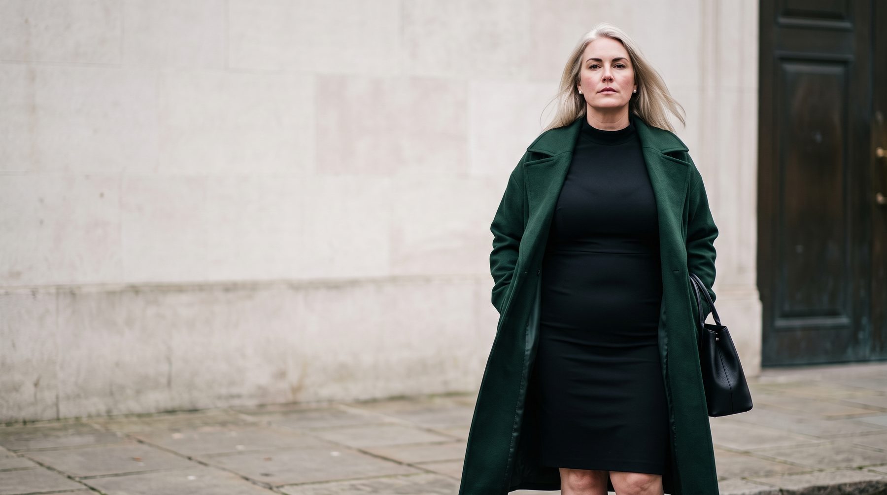 Green wool coat over black dress