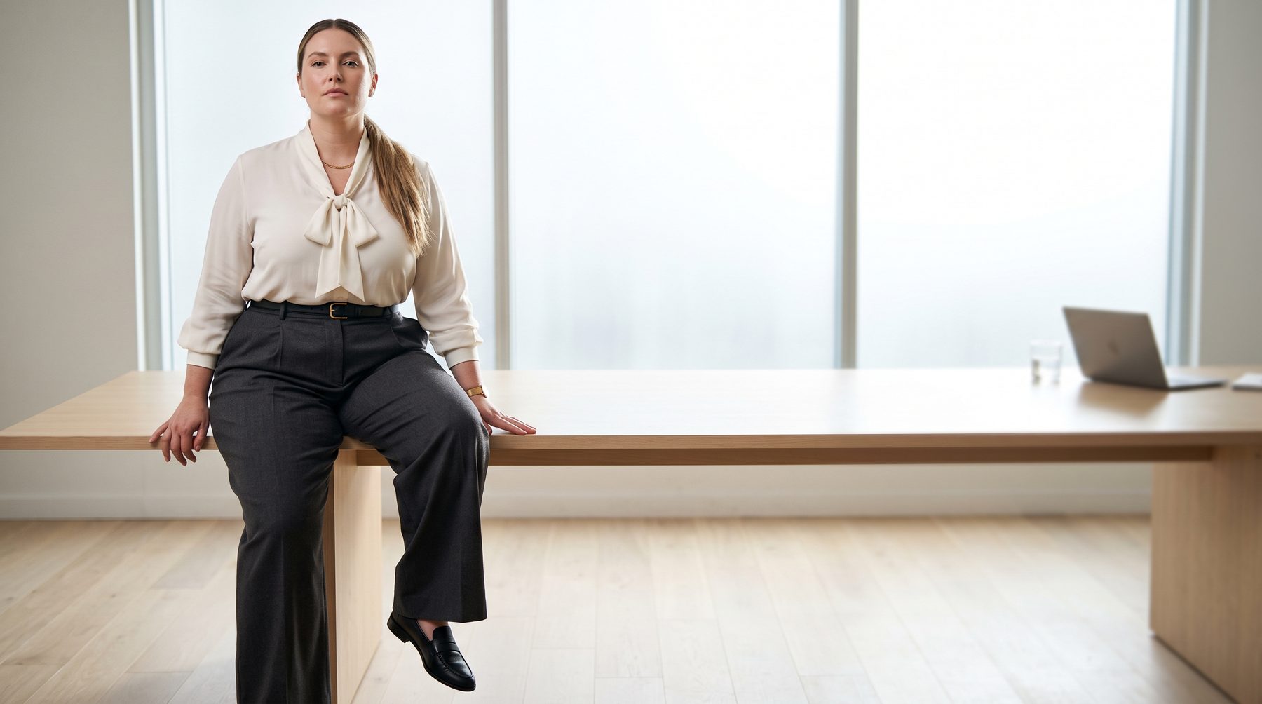 Cream bow-blouse and tailored trousers