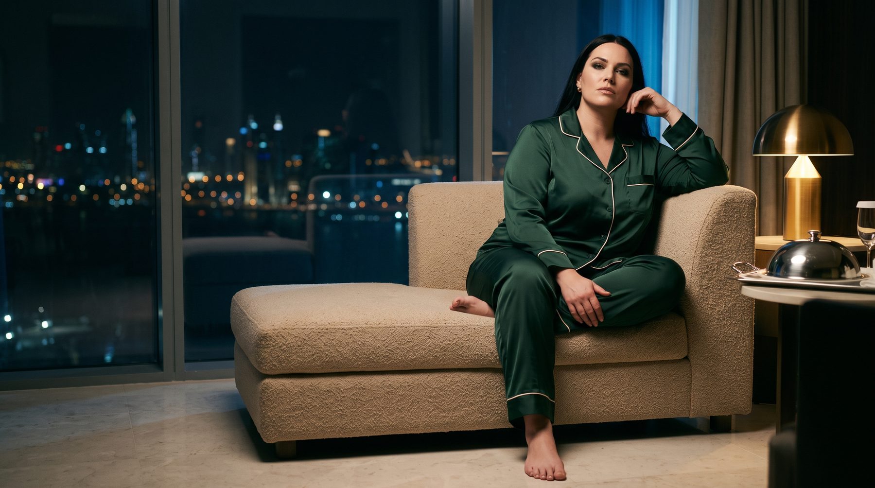 Woman in satin pyjamas, evening city view